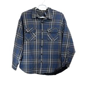 Vintage Basic Editions Mens Navy Grey Cotton Plaid Quilt Lined Flannel Jacket XL